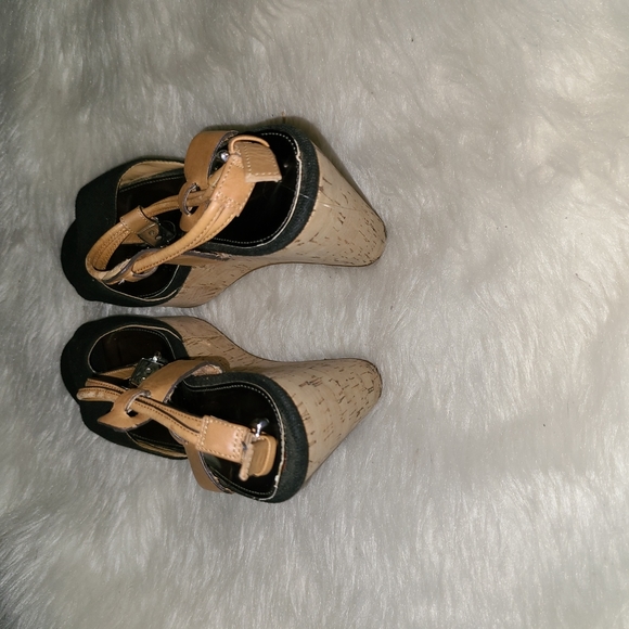 Y2K Coach Size 7.5 B Black Fabric Tan Cork Wedges - Picture 4 of 14